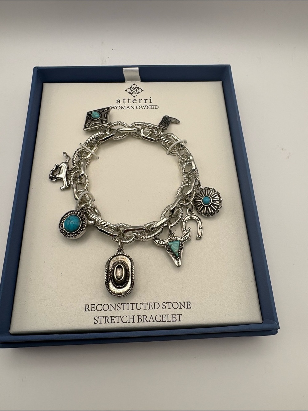 Atterri Silver-Tone Western Themed Turquoise Charm Stretch Bracelet